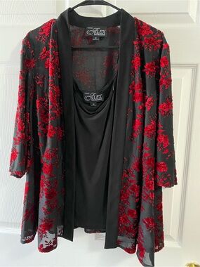 Alex Evenings Black Sheer Jacket with Red Floral Lace Overlay and Black Cami
